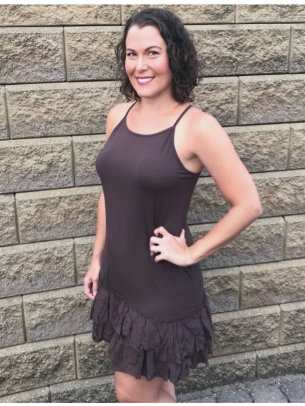 Mini Dress Extender Double Ruffle Layered Slip Tiered Multi Way Straps Brown - S